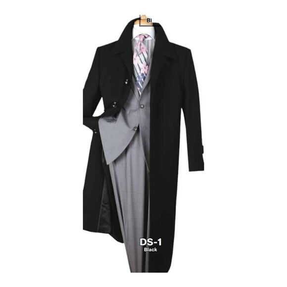 MEN'S BLACK DIAMOND 100% WOOL GABERDINE FULL LENGTH BLACK DUSTER COAT DS-1. - Picture 2 of 2